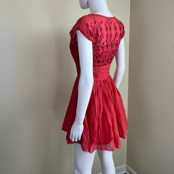 Free People Women's Size 2 Rose Garden Eyelet Embroidered Red Poppy Mini Dress - Picture 10 of 16